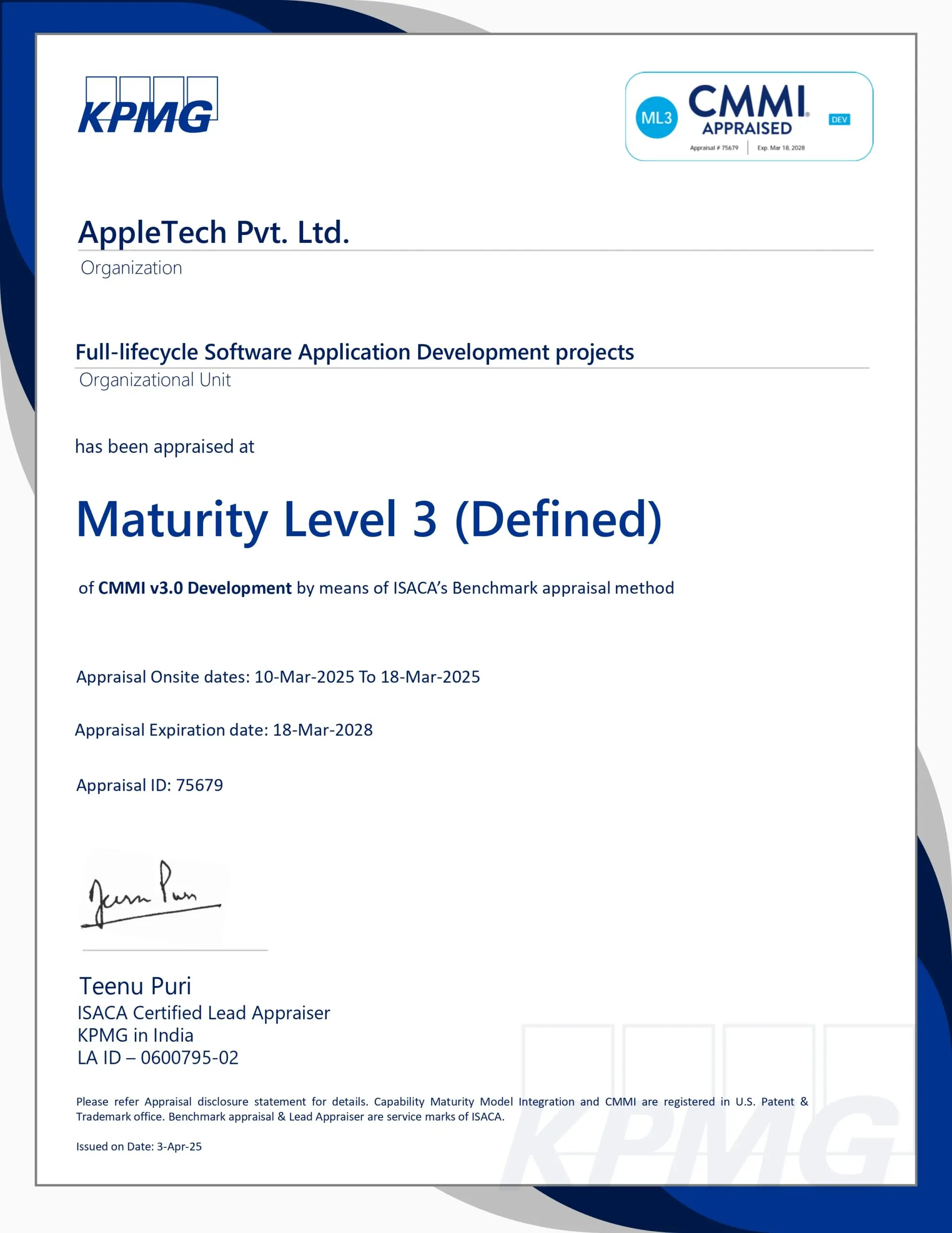 CMMI LEVEL 3 Certificate AppleTech Pvt. Ltd.