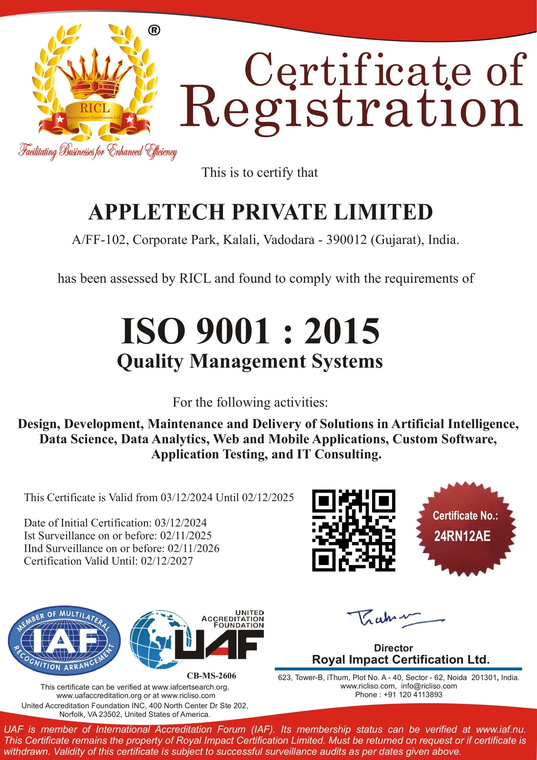 ISO 9001:2015 Certificate AppleTech Pvt. Ltd.